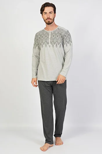 Espuar Men's Buttoned Long Sleeve Large Size Pajama Set