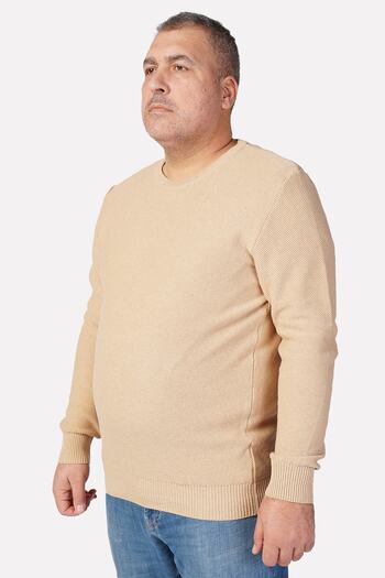 Trist Star Large Size Beige Crew Neck 100% Cotton Men's Sweater Trist-2110