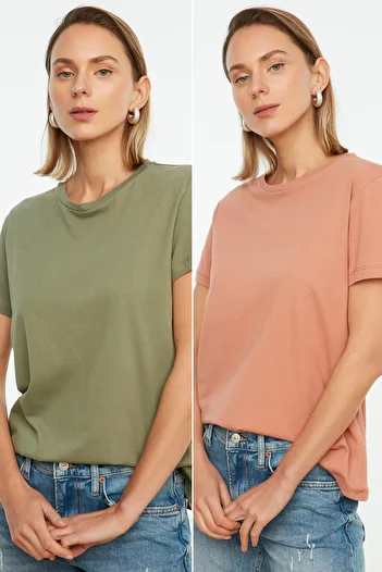 Trendyol Collection Khaki-Salmon Single Jersey Crew Neck 2-balení pletených triček - 100% bavlna TWOSS20TS0141