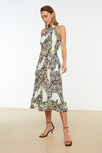 Trendyol Collection Φόρεμα μίντι υφαντό σε γραμμή Α καμηλό πουά TWOSS19YD0032
