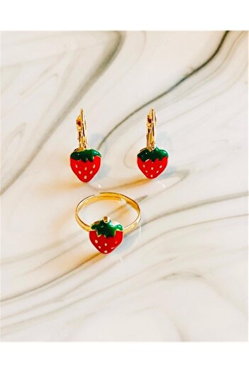 Yeşim Aksesuar Strawberry Children's Earring and Ring Set Children's Ring and Earring Set