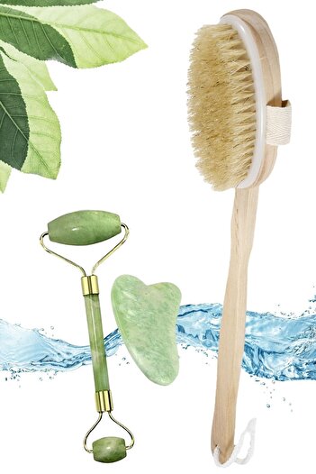 Buffer Natural Horsehair Anti-Cellulite Wooden Bath Brush and 2-Piece Facial Massage Tool Jade Stone Set