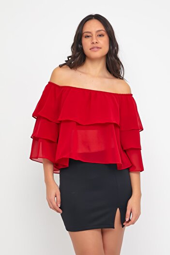 ADASTYLE Madonna Red Chiffon Blouse with Flounce Collar