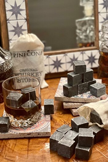 Pinecone 9 Adet Viski Soğutma Taşı Viski Taşı Seti Ve Kesesi Hediyelik Soğutucu Doğal Taş Whiskey Ice Stone