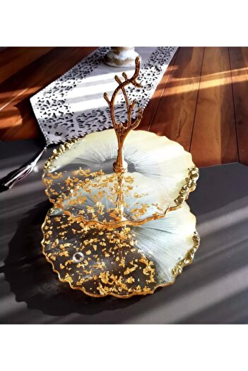 Sultan Tasarım Two-Tier Gold Gilded, Mother-of-Pearl Effect Stoned Presentation Holder, Fruit Holder for Cookies