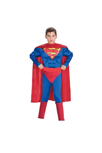 Superman Unisex Çocuk Kırmızı Pelerinli Kaslı Süpermen Kostümü Kaslı Süpermen Kıyafeti