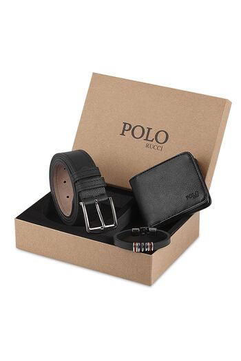 POLO Rucci مجموعة هدايا محفظة وسوار وحزام للرجال باللون الأسود