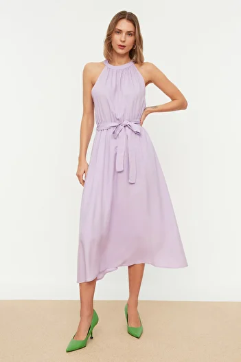 Trendyol Collection Rochie midi din viscoză liliac - cu eșarve, căptușeală și guler cu căpăcel, linie A TWOSS19EL0155