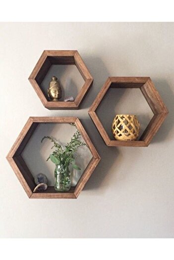 Atlantis Tooall Wooden Decorative Design 3-Piece Hexagonal Wall Shelf