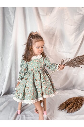 Magu Floral vintage φόρεμα για κορίτσια σε πράσινο μέντας