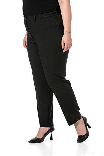 DISENTIS MODEST Plus Size Black Trousers with Elastic Waist and Side Zipper and Slits on the Leg