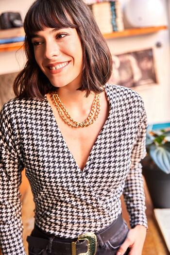 Olalook Női fekete houndstooth puha textúrájú, duplasoros test öltöny kapcsokkal BDY-00000035