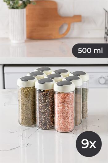 Vienev 9-Piece Glass Spice Jar 500 Ml Gray White with Lid