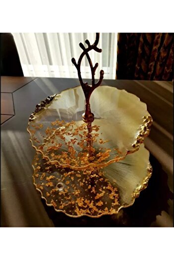 Sultan Tasarım Two-Tier Gold Gilded, Mother-of-Pearl Effect Stoned Presentation Holder, Fruit Holder for Cookies