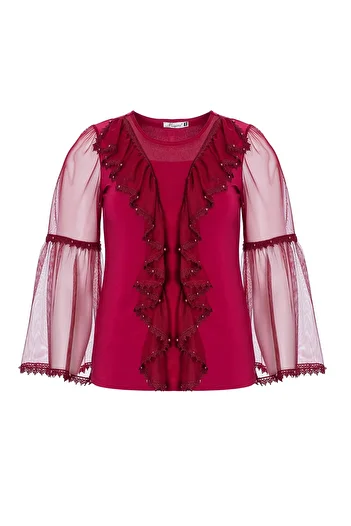 MİYORO Women's Tulle Flounce and Tulle Sleeve Plus Size Blouse