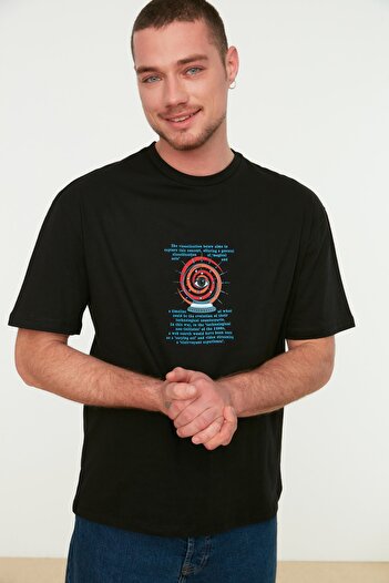 Trendyol Collection Space Pattern Μαύρο Oversize βαμβακερό μπλουζάκι - TMNSS22TS0603