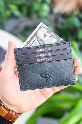 Garbalia Unisex Μαύρο Ανθρακί Locket Πορτοφόλι Crazy Leather Cardholder