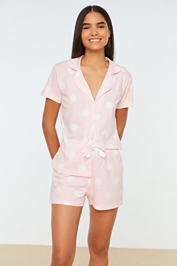 Trendyol Collection Pink 100% Cotton Polka Dot Knitted Pajama Set with Shorts Thmss20Pt0077