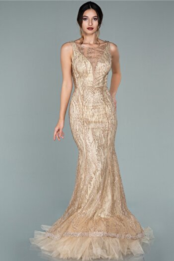 Abiyefon Glitter Gold Long Sleeveless Evening Dress - Abu1979
