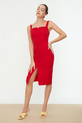 Trendyol Collection Piros pántos Midi ceruza szoknya ruha - hasított részlet, a test vonalait feltárva TWOSS19BB0216
