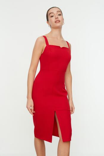 Trendyol Collection Piros pántos Midi ceruza szoknya ruha - hasított részlet, a test vonalait feltárva TWOSS19BB0216