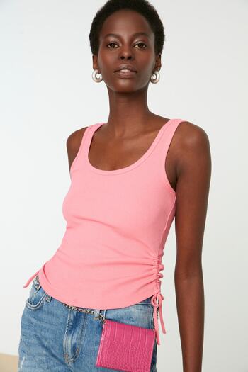 Trendyol Collection Pink-Mint 2 Pack Gather Detailed Pool Neck Ribbed Flexible Knitted Undershirt TWOSS21AL0195
