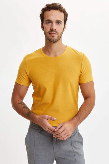 DeFacto Men's Yellow Crew Neck Slim Fit Basic Cotton T-Shirt M7122Az20Sm