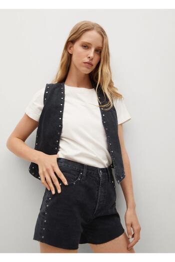MANGO Woman Women's Black Denim Studded Jeans Shorts