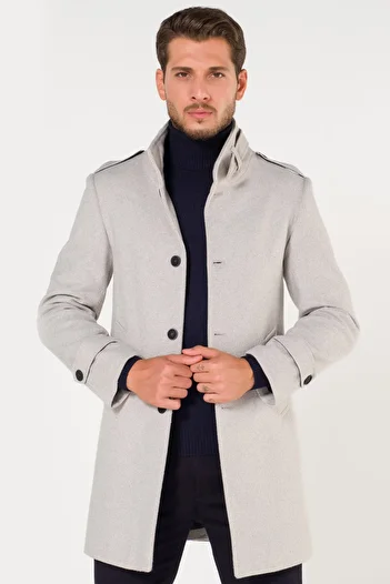 AtakGiyim Men's Gray White Stand-Up Belted Collar Stamp Ezel Coat