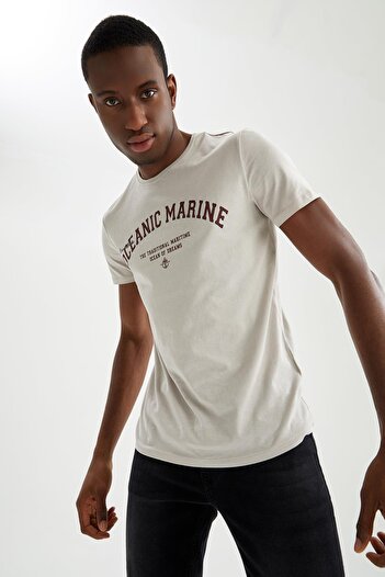 DeFacto Μπλουζάκι Slim Fit Crew Neck με στάμπα 100% βαμβάκι