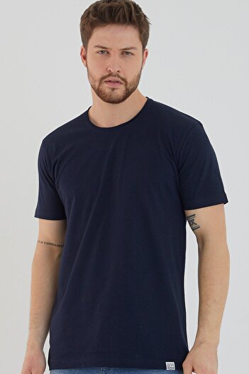 AMAZING CRASH Navy Blue Basic Men's Crew Neck Slim Fit Short Sleeve T-shirt