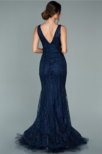 Abiyefon Navy Blue Sleeveless Glitter Long Evening Dress Abu1979