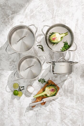 Emsan Yakamoz 8 Piece Stainless Steel Cookware Set with Induction Base