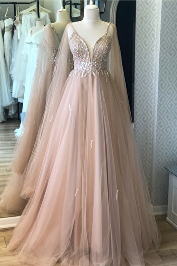 Lenta Moda Ten Rengi Pullu Dantel Detaylı Abiye Ve Gece Elbisesi