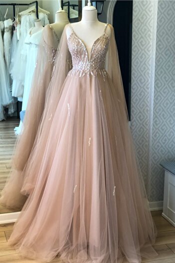 Lenta Moda Ten Rengi Pullu Dantel Detaylı Abiye Ve Gece Elbisesi