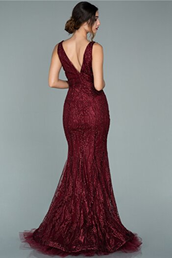 Abiyefon Burgundy Sleeveless Glitter Long Evening Dress Abu1979