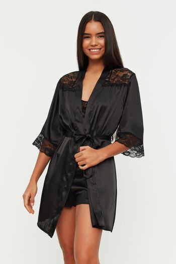 Trendyol Collection Black Belted Lace Satin Woven Dressing Gown Thmss21Sb0001