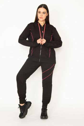 Şans Women's Large Size Colorful Zipper and Hood Detailed Sweatshirt Trousers Tracksuit 65n31122