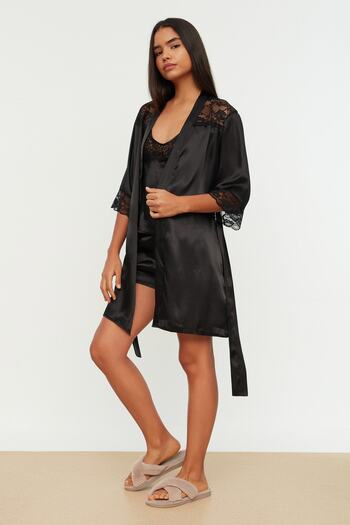 Trendyol Collection Black Belted Lace Satin Woven Dressing Gown Thmss21Sb0001