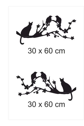TRC TRAFİK Birds and Cat on Branch Decorative Wall Sticker (30X60 cm Two Pieces) Black