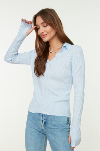 Trendyol Collection Pulover tricotat cu guler polo albastru deschis TWOAW21KZ1113