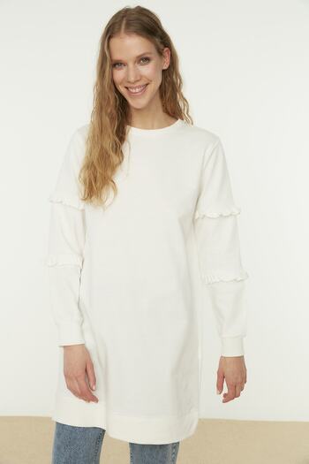 Trendyol Modest Pletená tunika Ecru Crew s nařasenými rukávy TCTSS21TN0088