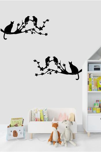 TRC TRAFİK Birds and Cat on Branch Decorative Wall Sticker (30X60 cm Two Pieces) Black