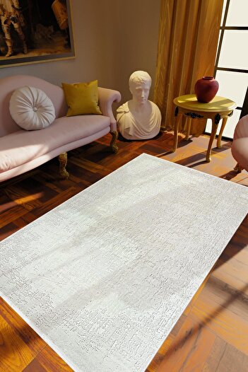 10 Post Online Salon Halısı Klasik Eskitme Ekru Gri Kaydırmaz Kesme Yıkanabilir Ince Halı Tüysüz Kilim