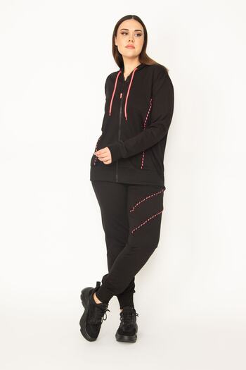 Şans Women's Large Size Colorful Zipper and Hood Detailed Sweatshirt Trousers Tracksuit 65n31122