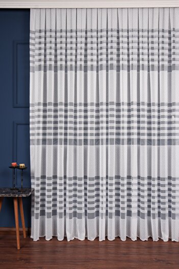Esse Home Ecru Knitted Transverse Striped Tulle Curtain, 250x250cm, 1/3 Tight Pleat, 13esse04681