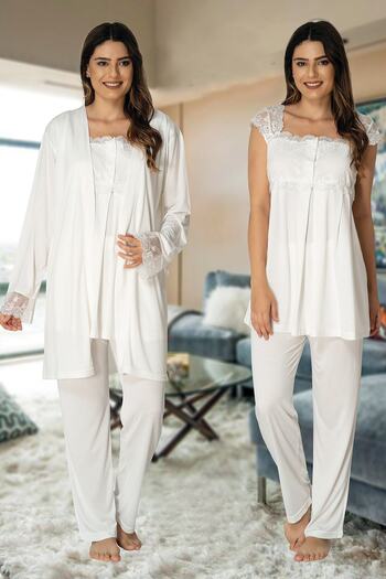 lohusahamile Women's Ecru Lace Maternity Pajamas Set with Dressing Gown 2301