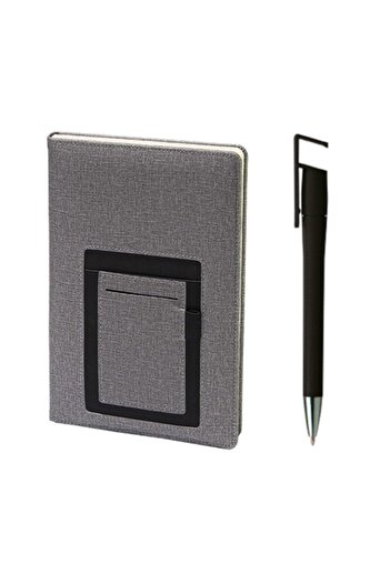SEDEF SİLVER Kangaroo Pocket Thermo Leather Undated Agenda Notebook 13 x 21 Phone Holder Pen Set