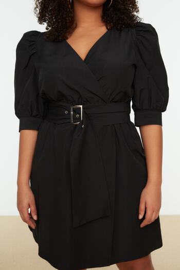 Trendyol Curve Black Belted Woven Double Breasted Collar Dress TBBSS22EL1669