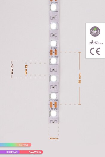 ACK 5 Metre Rgb Şerit Led Üç Çip 60 Ledli 14.4 Watt Led Işık